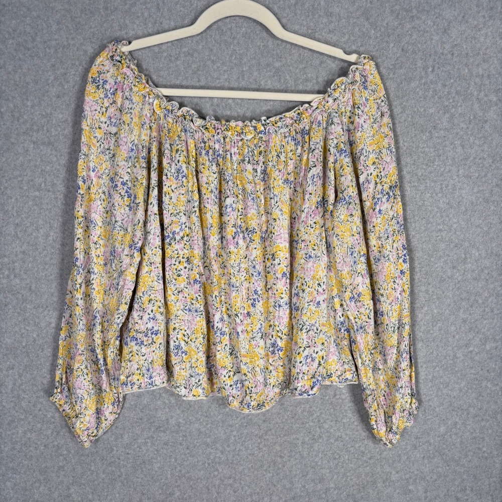 American Eagle Off Shoulder Top XL Yellow Floral Metallic Boho Milkmaid Ruffle
